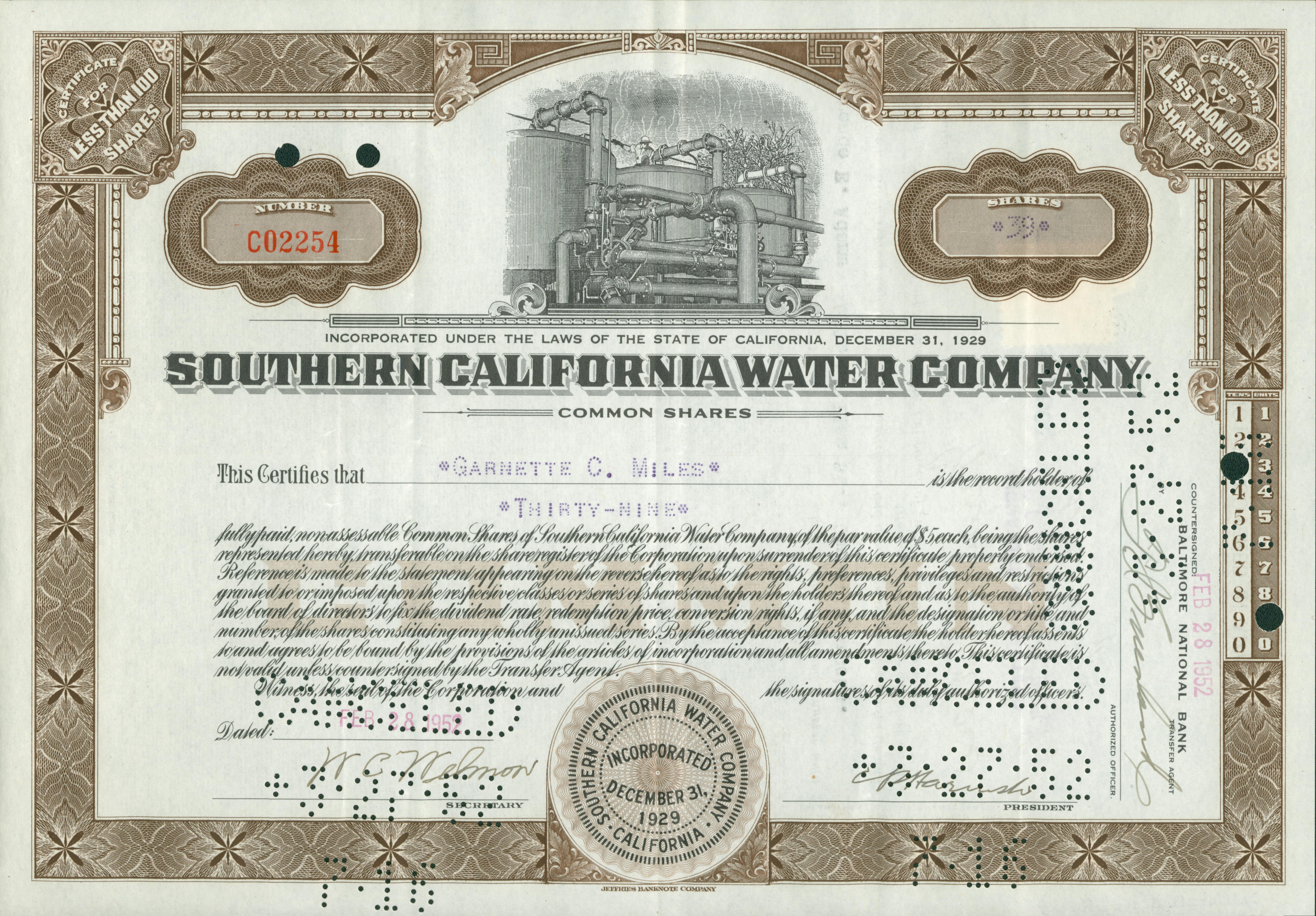 Shows a Southern California Water Company certificate